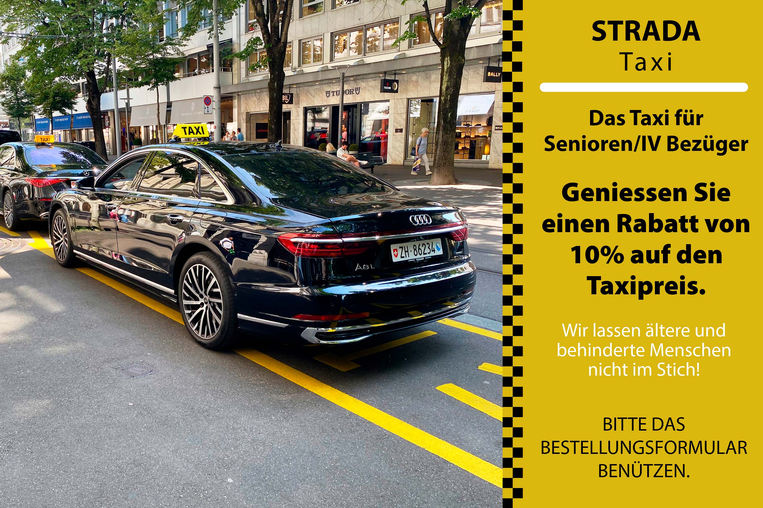 Senioren Taxi für Senioren 15% Rabatt. Zahlung Bar, Bankkarte und Twint.